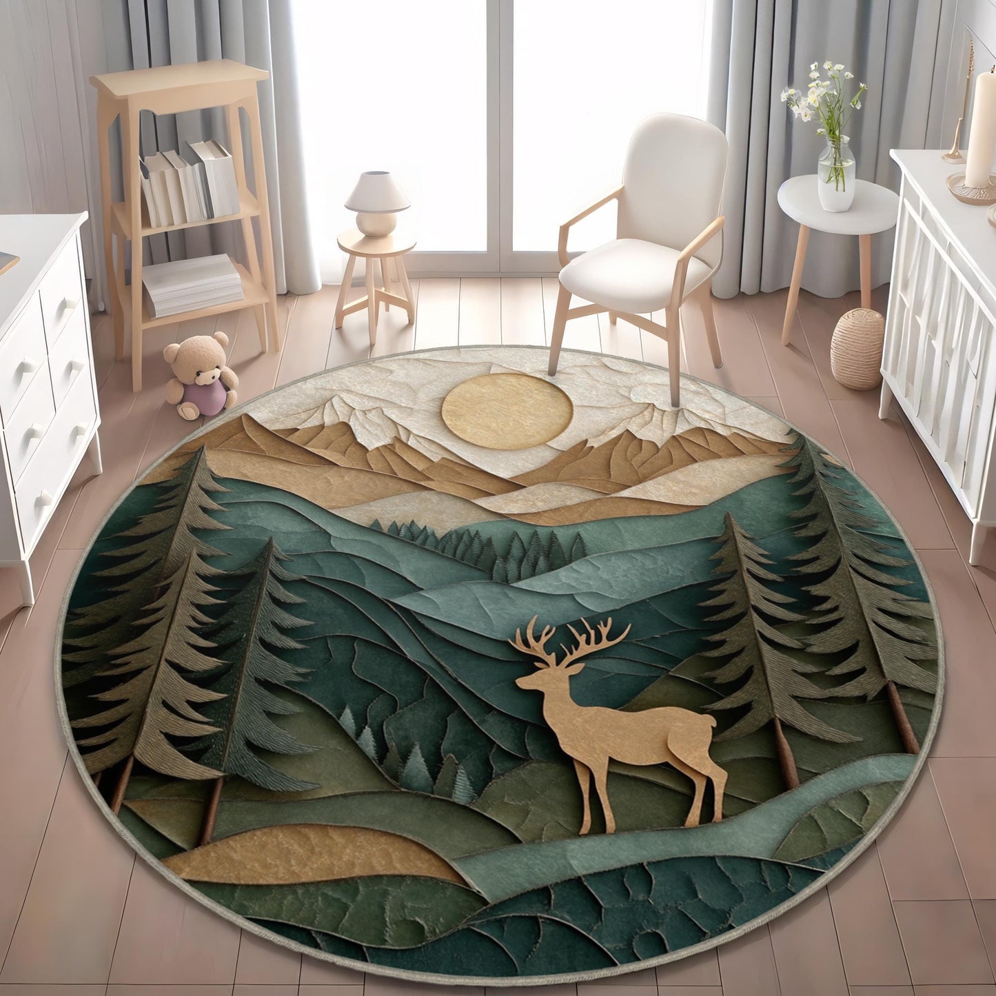 Forest Deer Round Rug - Woodland Nursery Rug - Mountain Scene Area Rug - Deer Forest Rug for Nursery - Round Nature Inspired Kids Rug