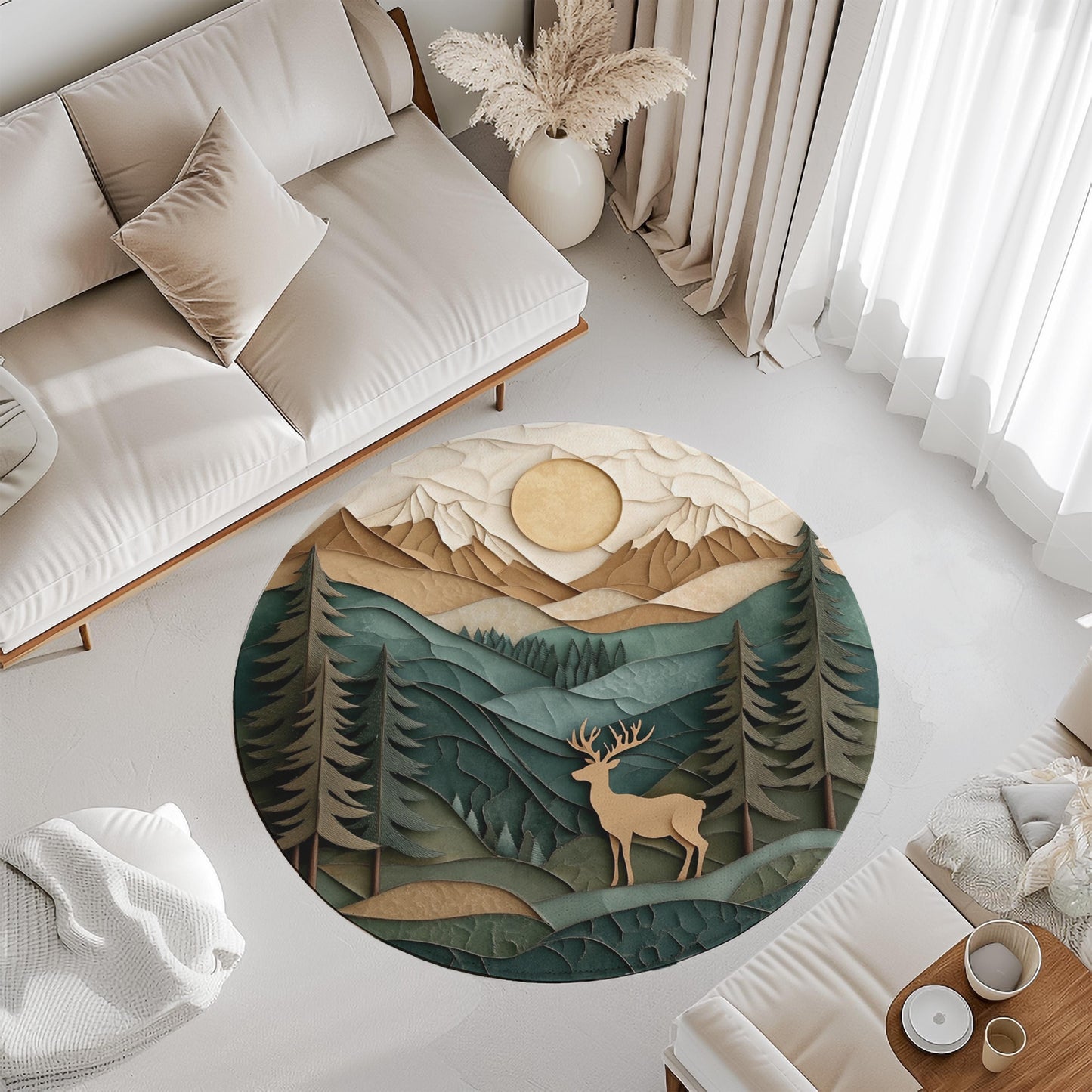 Forest Deer Round Rug - Woodland Nursery Rug - Mountain Scene Area Rug - Deer Forest Rug for Nursery - Round Nature Inspired Kids Rug