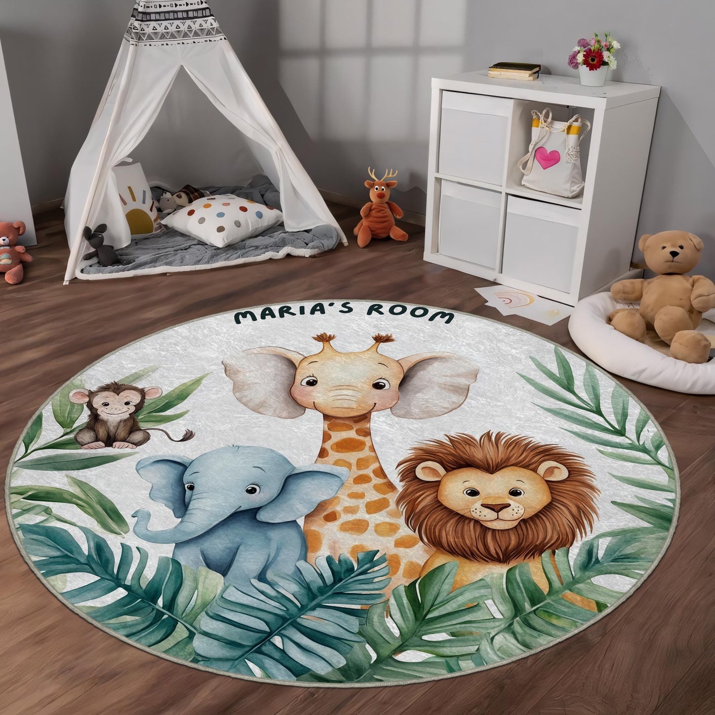 Custom Name Jungle Nursery Mat, Cute Elephant Lion Giraffe Carpet, Baby Room Decor, Kids Playroom Rug, Personalized Safari Animal Round Rug