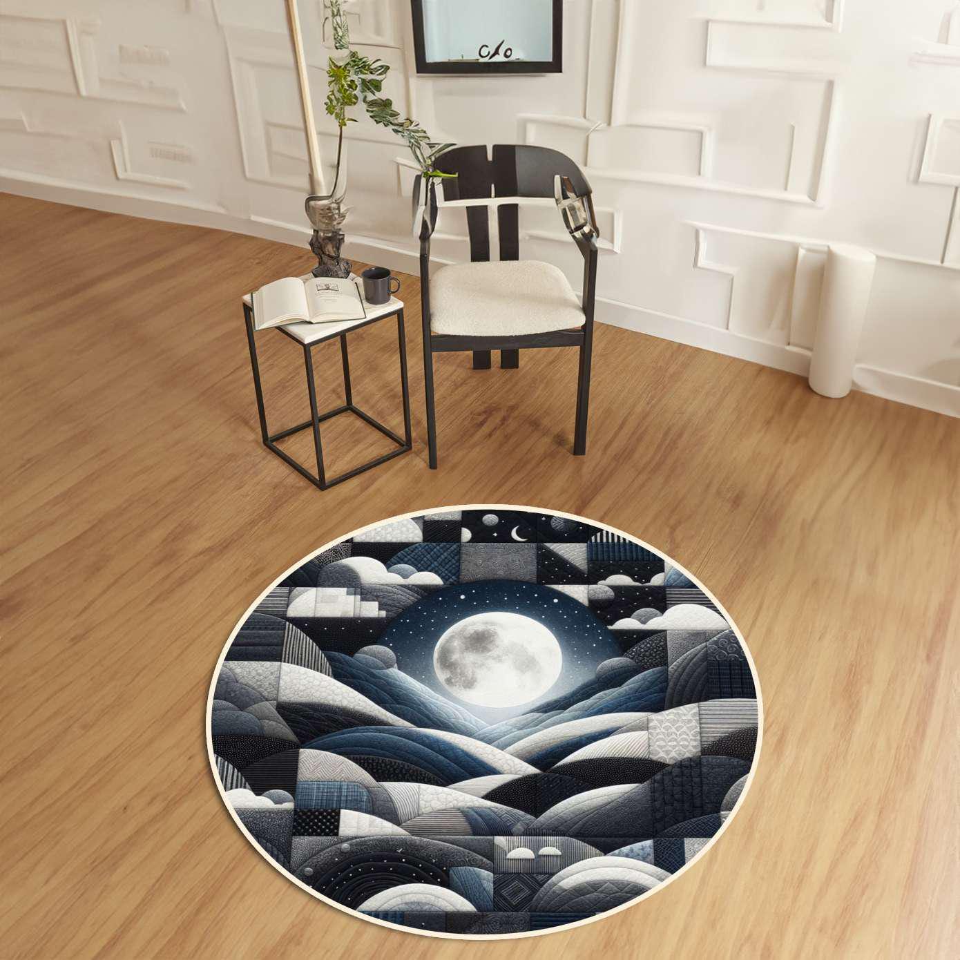 Midnight Sky Design Rug, Abstract Geometric Floor Art Rug, Dark Night Rug, Living Room Rug, Home Decor, Full Moon Rug, Artistic Floor Rug