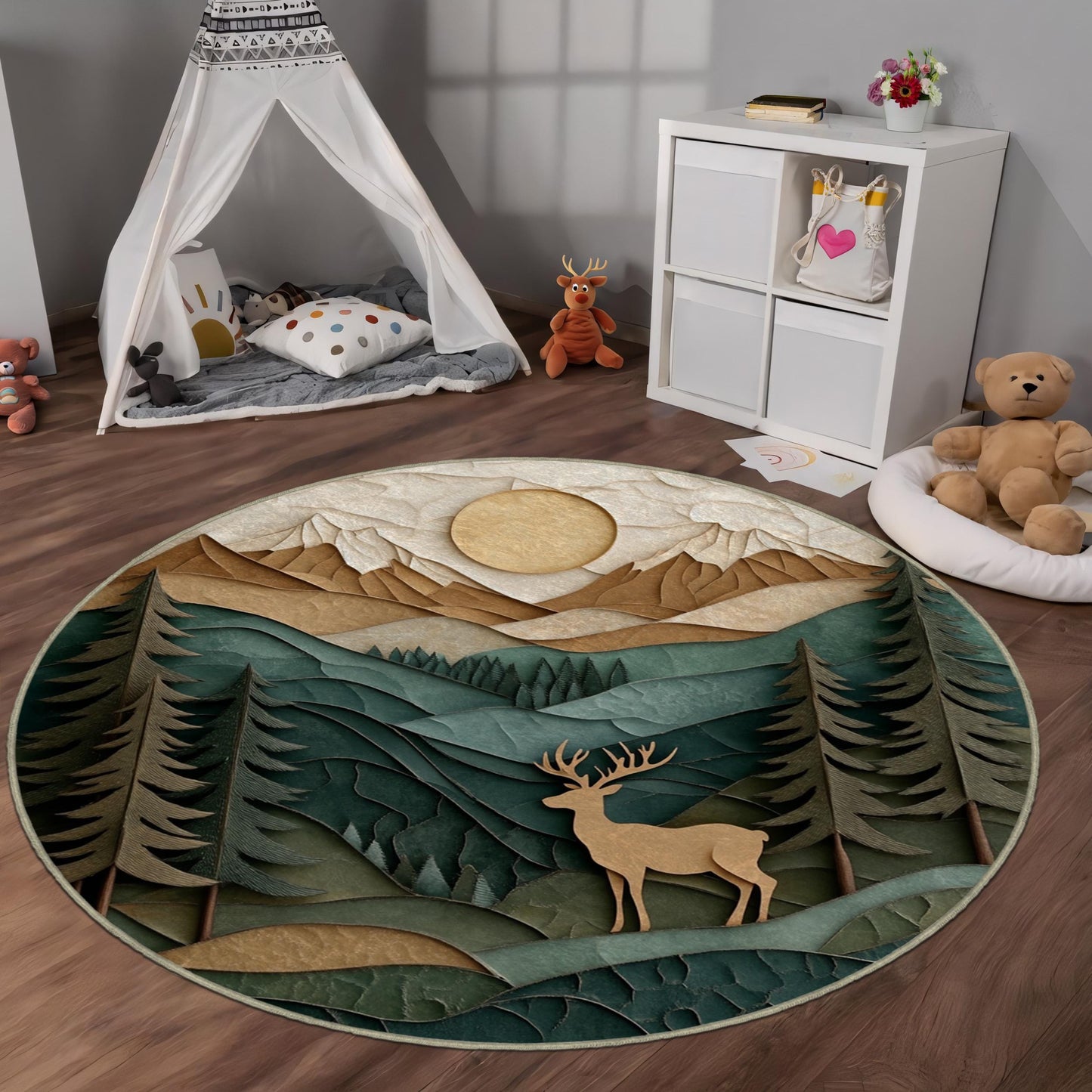 Forest Deer Round Rug - Woodland Nursery Rug - Mountain Scene Area Rug - Deer Forest Rug for Nursery - Round Nature Inspired Kids Rug