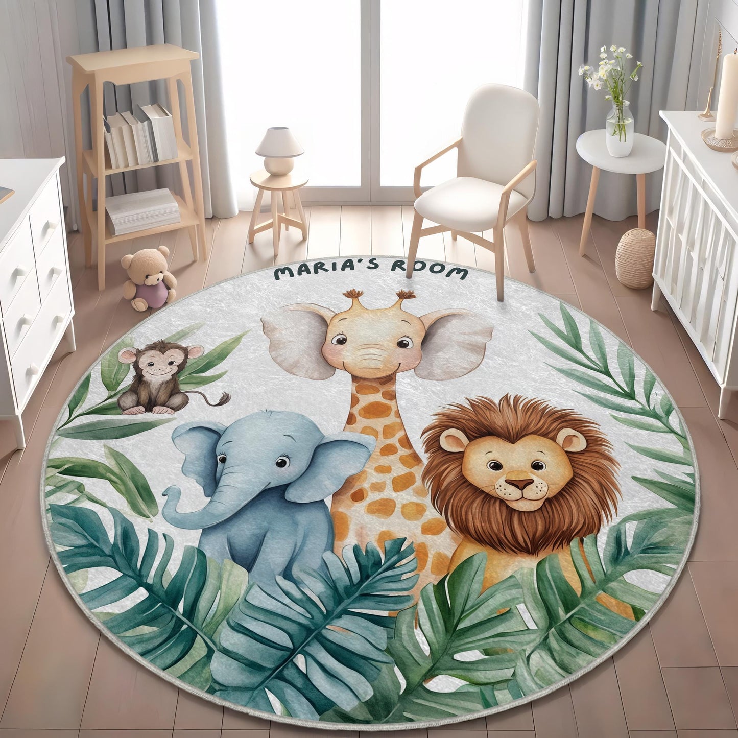 Custom Name Jungle Nursery Mat, Cute Elephant Lion Giraffe Carpet, Baby Room Decor, Kids Playroom Rug, Personalized Safari Animal Round Rug