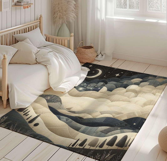 Moon Stars Rug, Night Sky Rug, Mountain Landscape Rug, Nursery Rug, Baby Rug, Living Room Rug, Peaceful Night Sky Rug, New Home Gift Rug