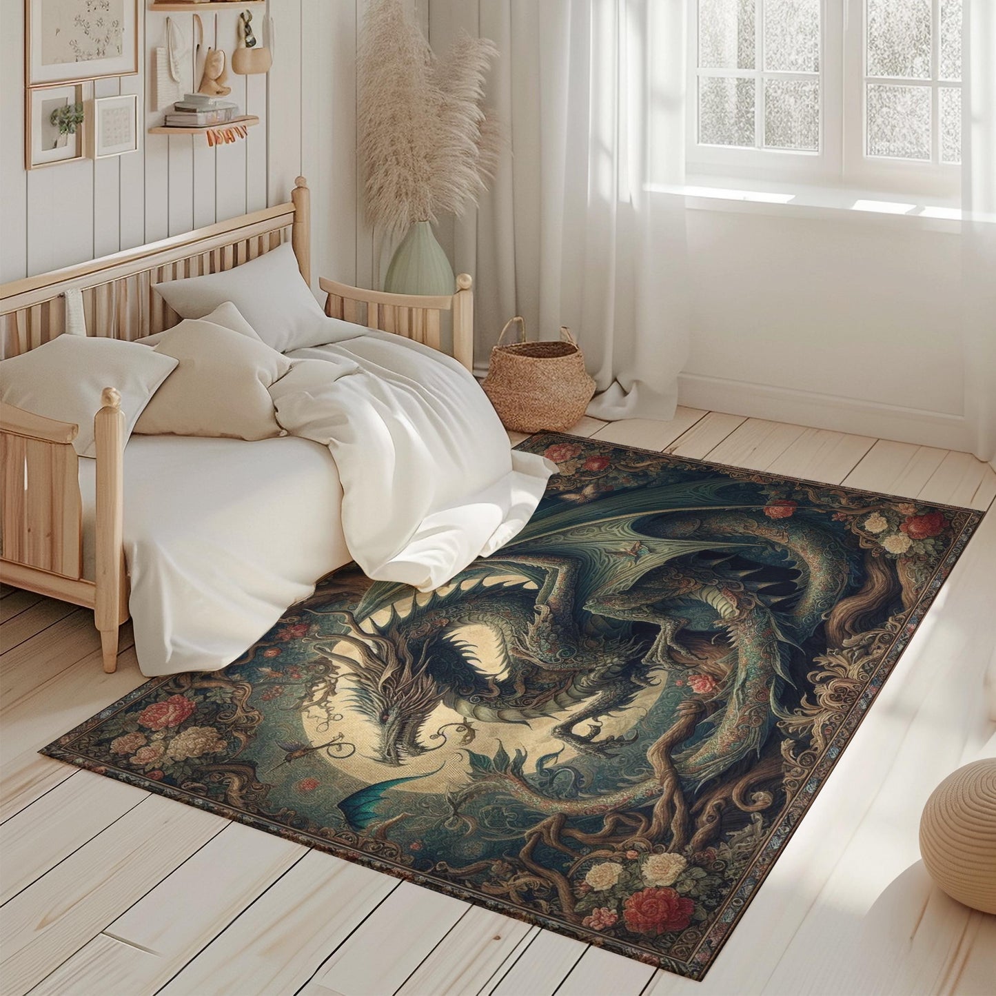 Fantasy Dragon Rug, Victorian Gothic Enchanted Rug, Medieval Rug, William Morris Style Rug, Gothic Home Decor, Fantasy-Inspired Floor Rug