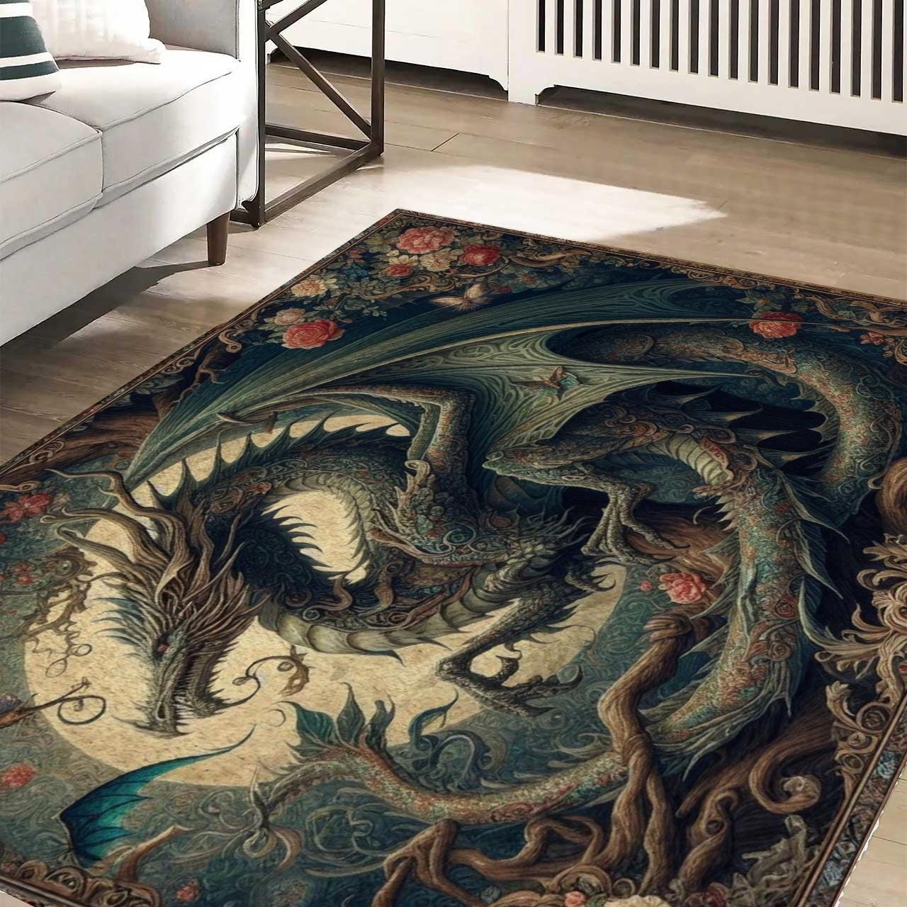 Fantasy Dragon Rug, Victorian Gothic Enchanted Rug, Medieval Rug, William Morris Style Rug, Gothic Home Decor, Fantasy-Inspired Floor Rug