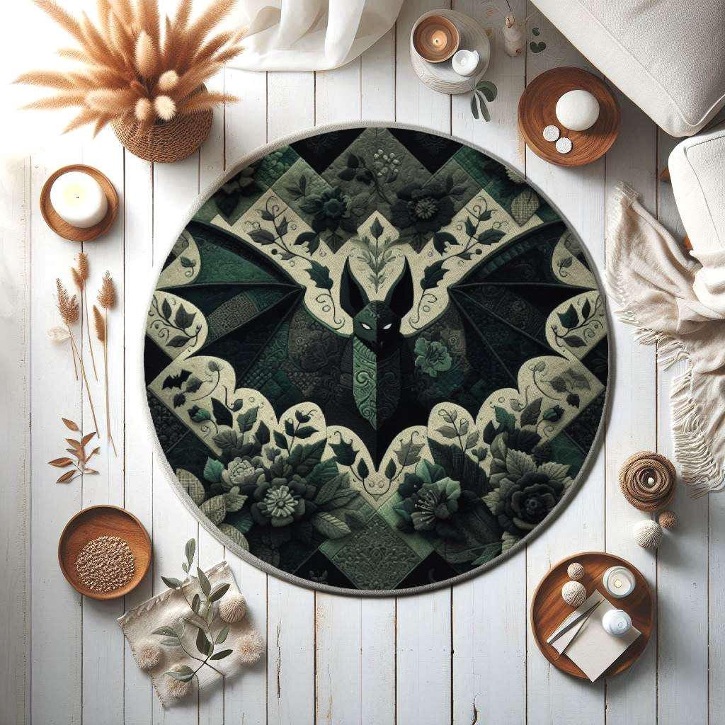 Goth Bat Rug, Floral Gothic Rug, Botanical Green and Black Design Rug, Perfect Rug for Halloween Season Decor,Gothic Home Decor,Gift For Her