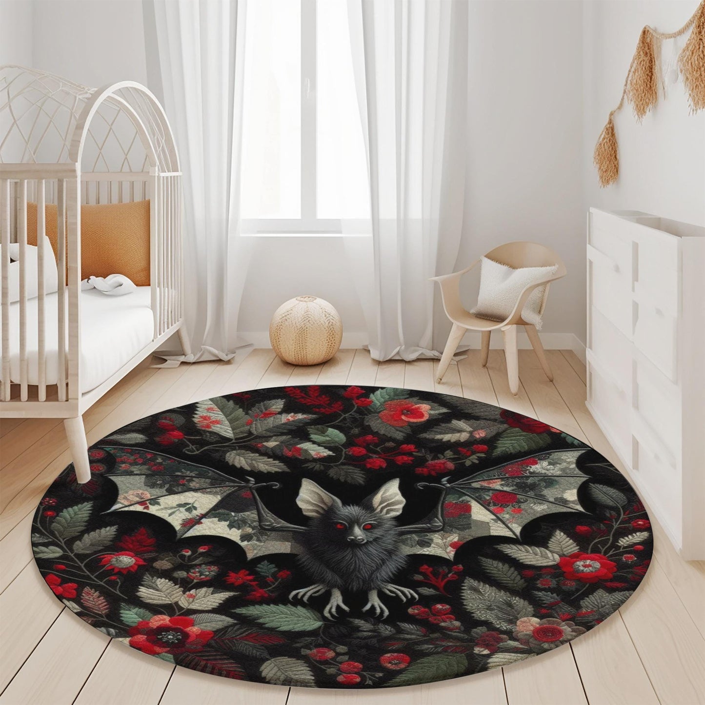 Bat Rug, Gothic Rug, Dark Academia Rug, Halloween Decor, Floral Rug, Gothic Decor, Black Rug, Round Rug, Halloween Rug, Red and Black Rug