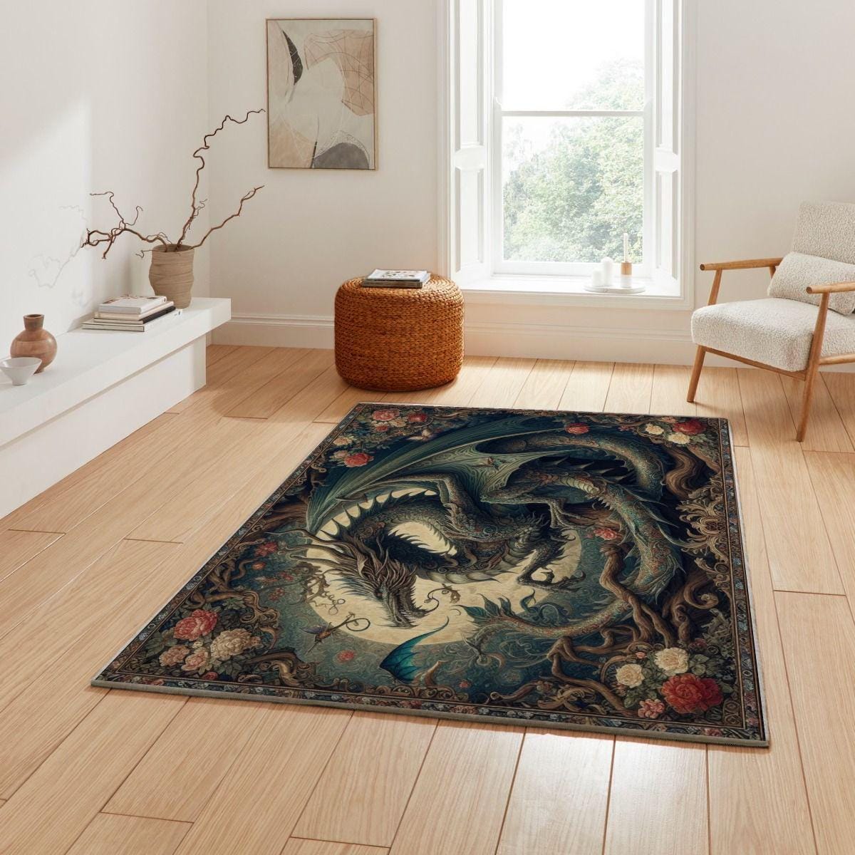 Fantasy Dragon Rug, Victorian Gothic Enchanted Rug, Medieval Rug, William Morris Style Rug, Gothic Home Decor, Fantasy-Inspired Floor Rug