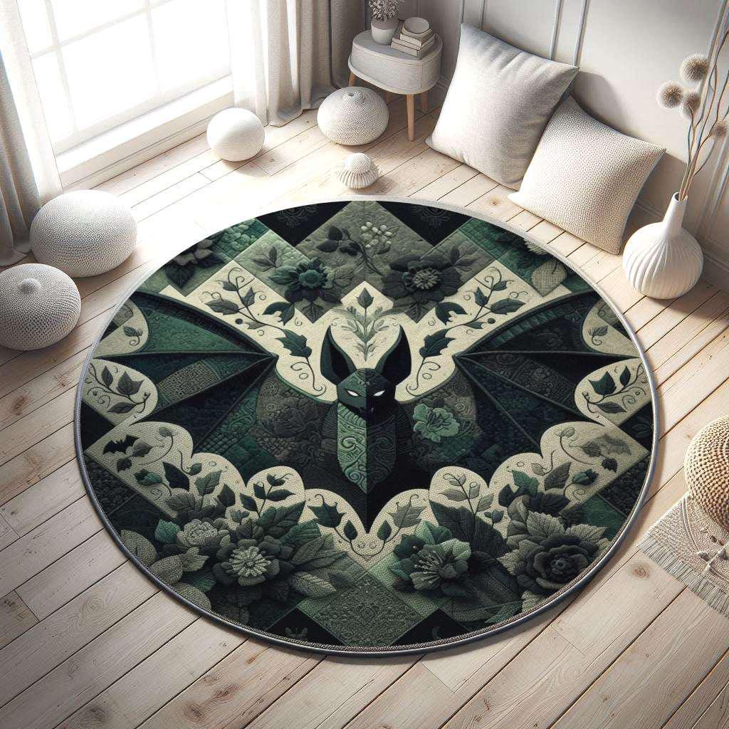 Goth Bat Rug, Floral Gothic Rug, Botanical Green and Black Design Rug, Perfect Rug for Halloween Season Decor,Gothic Home Decor,Gift For Her