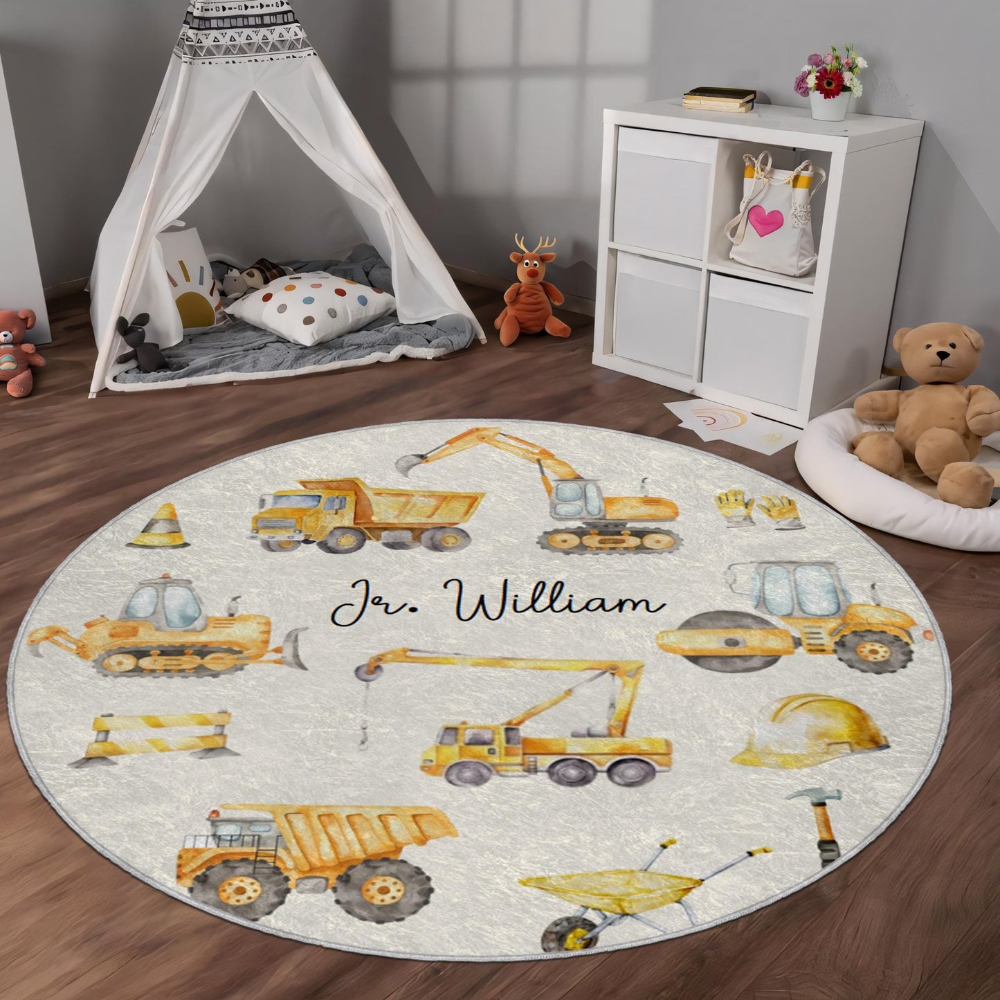 Personalized Construction Truck Rug, Excavator and Trucks Rug, Custom Playroom Rug, Kids Play Rug, Truck Themed Nursery Rug, Gift for Boys