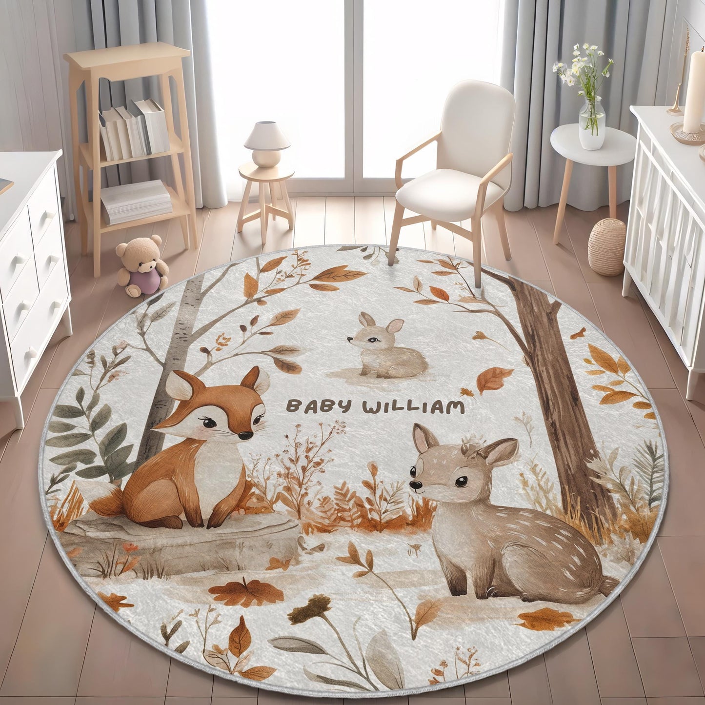 Personalized Woodland Nursery Rug, Custom Name Baby Room Decor, Baby Fox Deer Rabbit Rug, Neutral Baby Gift Carpet, Round Baby Play Mat