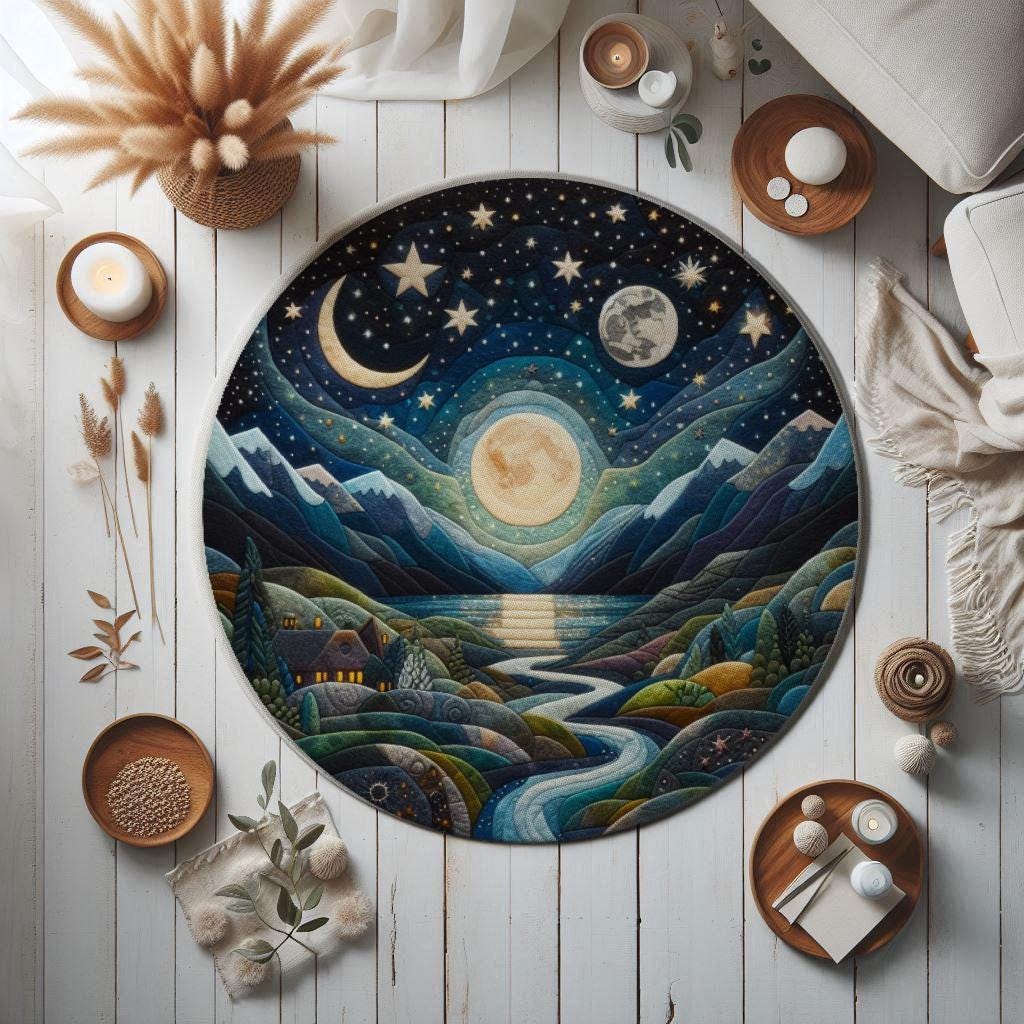 Celestial Sky Rug, Landscape Rug, Night Rug, Moon Rug, River Rug, Celestial Decor, Starry Night Rug, Mystical Night Rug, Moon and River Rug