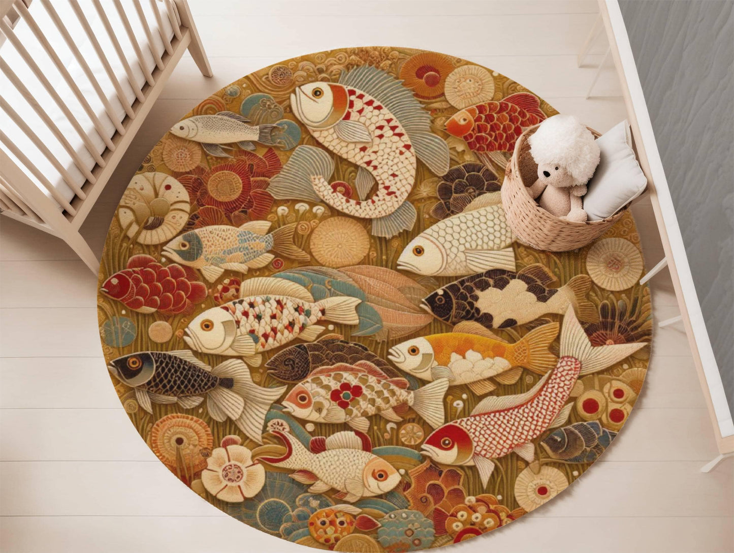 Japanese Round Fish Rug, Koi Fish Rug, Oriental Rug, Gold Fish Rug, Round Fish Rug,  Koi Carp Rug,  Japanese Style Rug, Oriental Carp Carpet