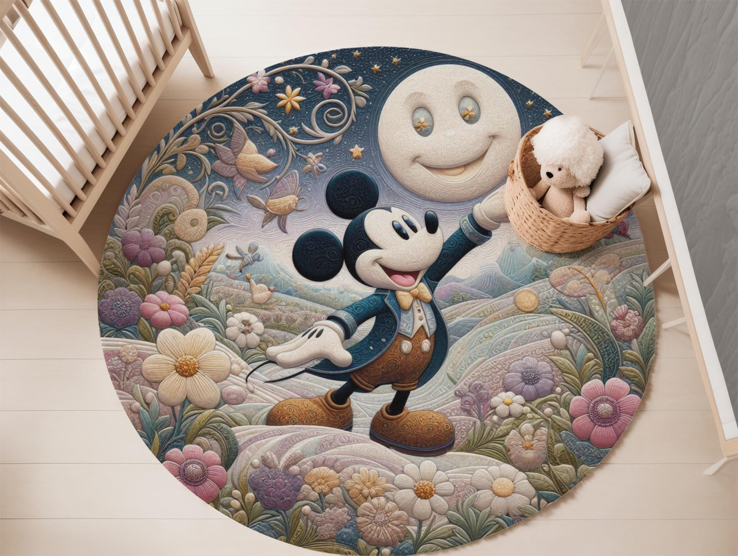 Mickey Mouse Nursery Rug, Disney Round Rug, Nighttime Scene Rug, Floral Design Mickey Rug, Soft Kids Play Mat, Baby Room Decor, Baby Shower