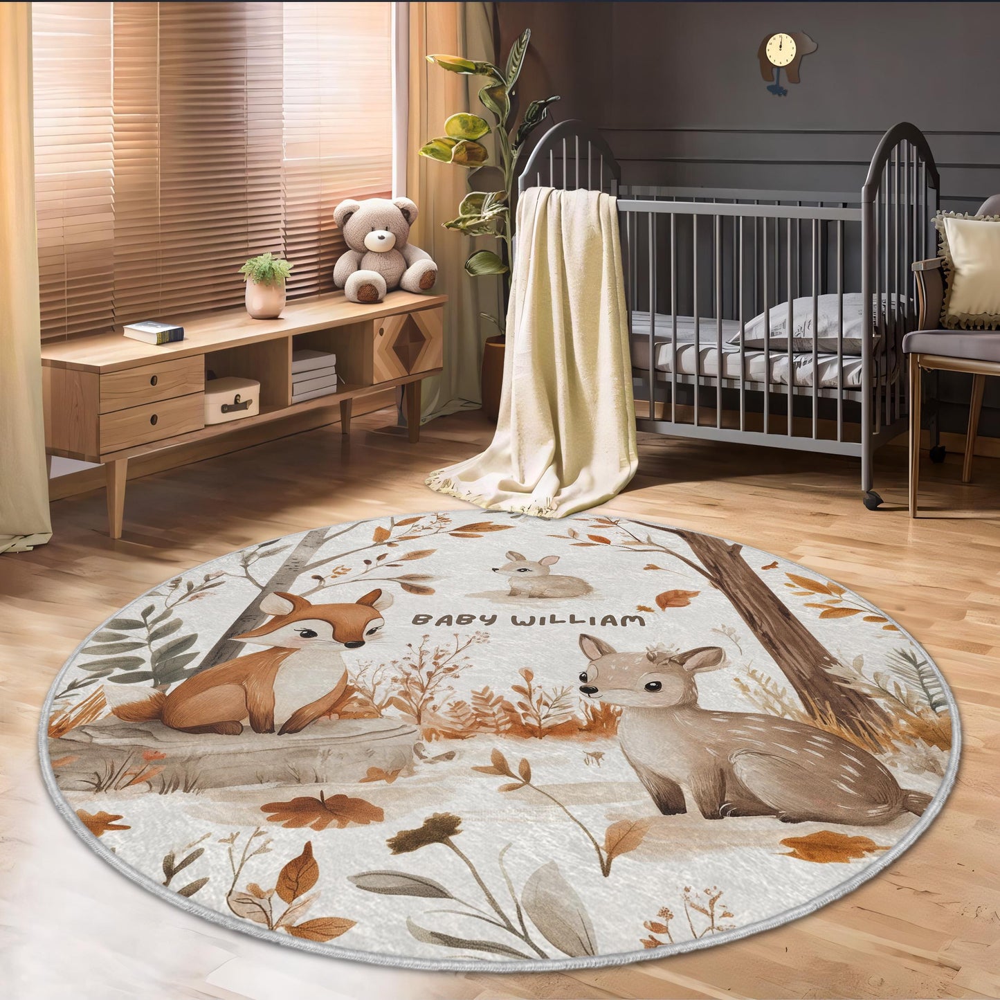 Personalized Woodland Nursery Rug, Custom Name Baby Room Decor, Baby Fox Deer Rabbit Rug, Neutral Baby Gift Carpet, Round Baby Play Mat