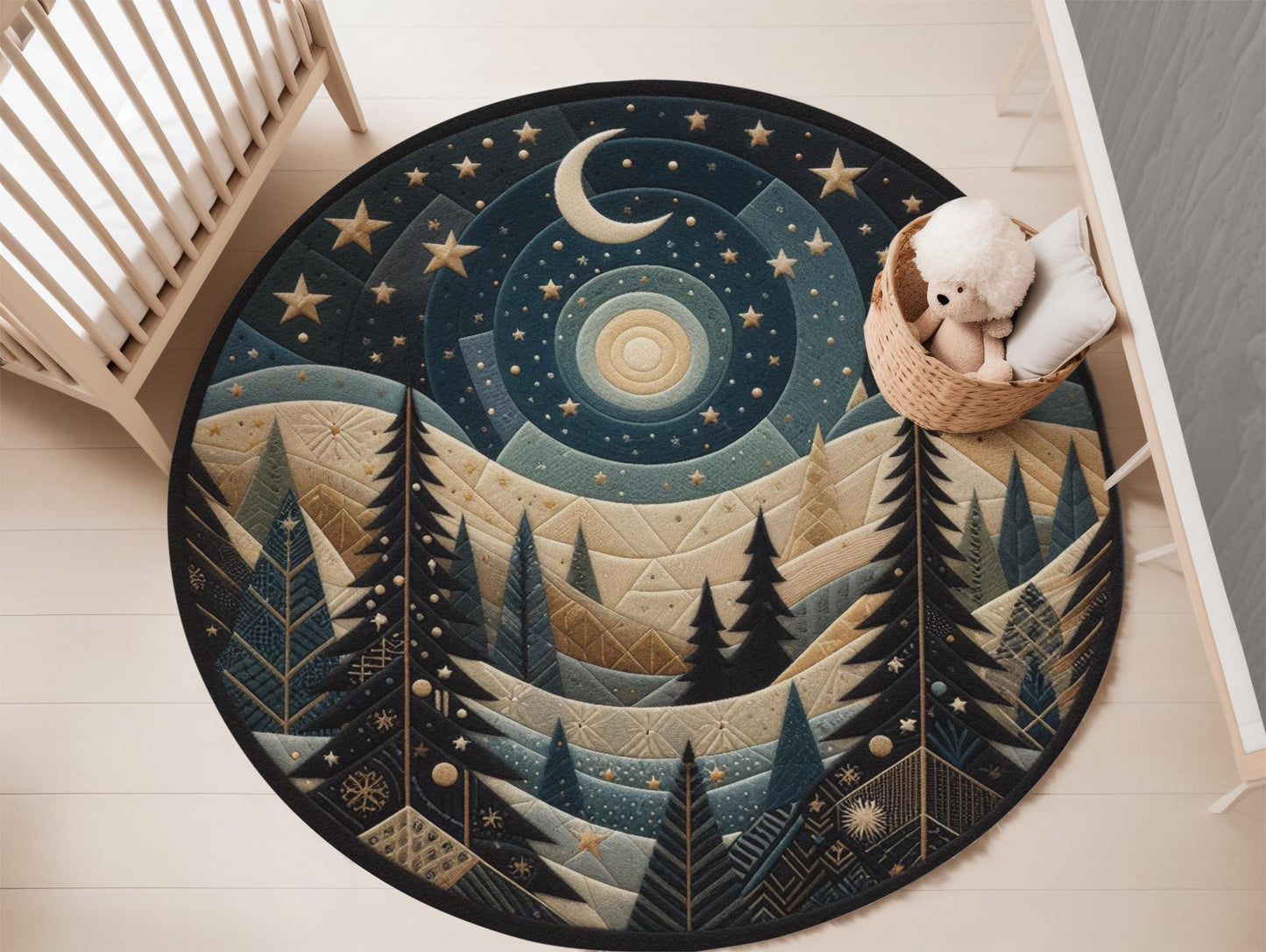 Night Sky Rug, Whimsical Landscape Area Rug with Moon and Stars, Black Celestial Rug, Home Decor, Starry Night Carpet, Living Room Rug