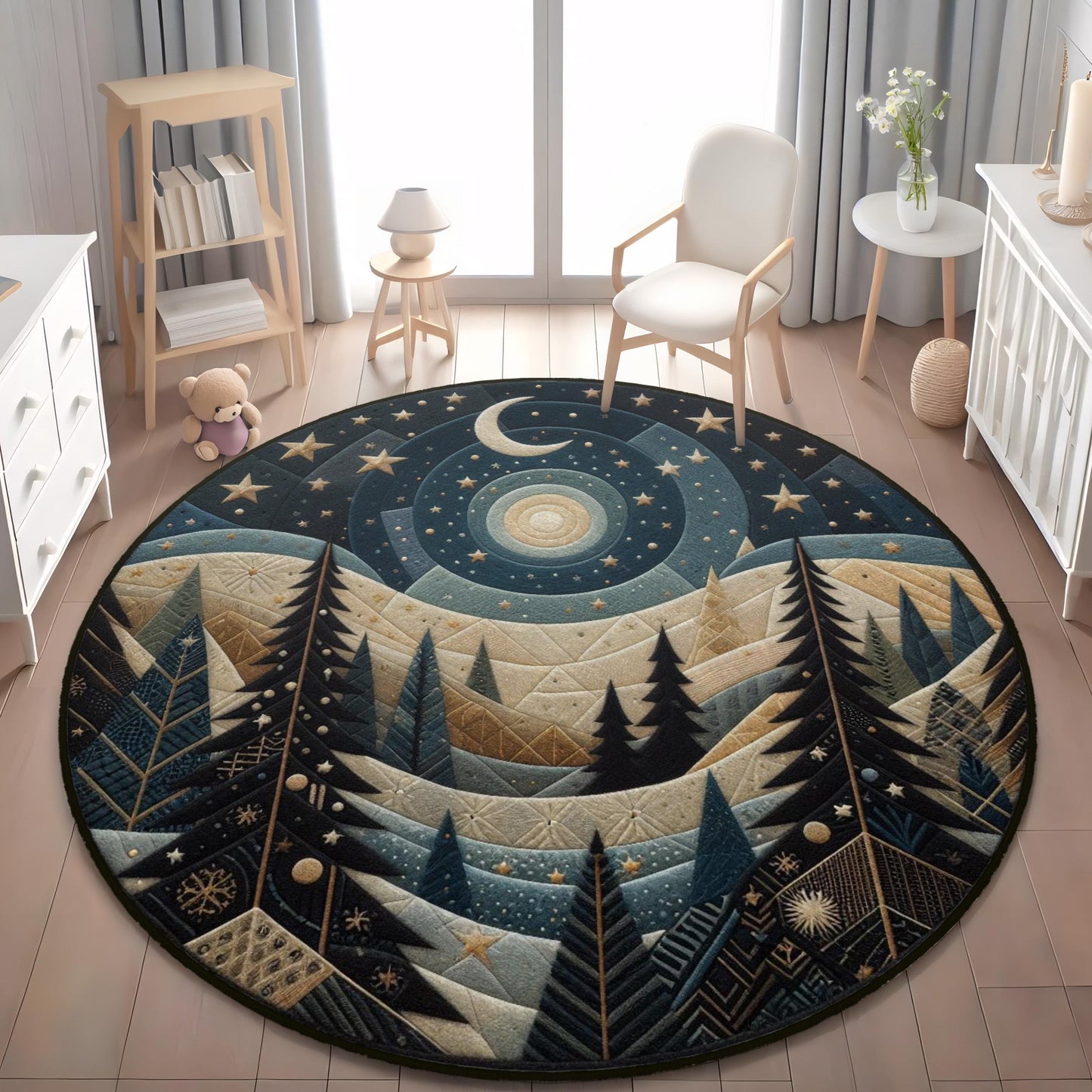 Night Sky Rug, Whimsical Landscape Area Rug with Moon and Stars, Black Celestial Rug, Home Decor, Starry Night Carpet, Living Room Rug