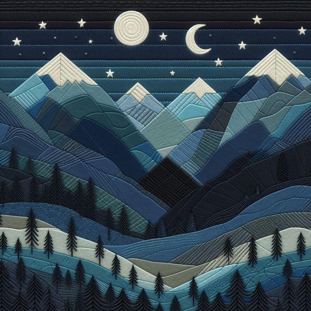 a night scene with mountains, trees, and the moon