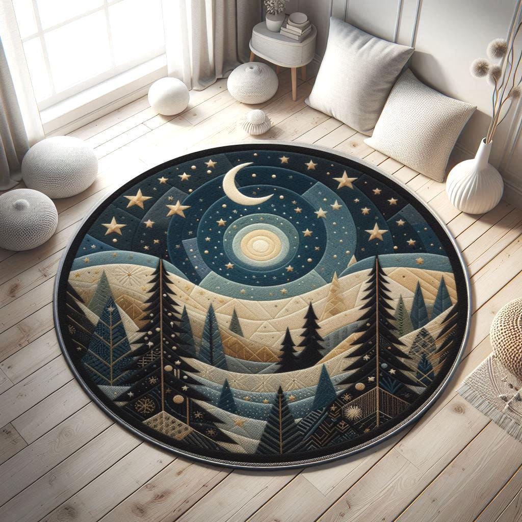 Night Sky Rug, Whimsical Landscape Area Rug with Moon and Stars, Black Celestial Rug, Home Decor, Starry Night Carpet, Living Room Rug