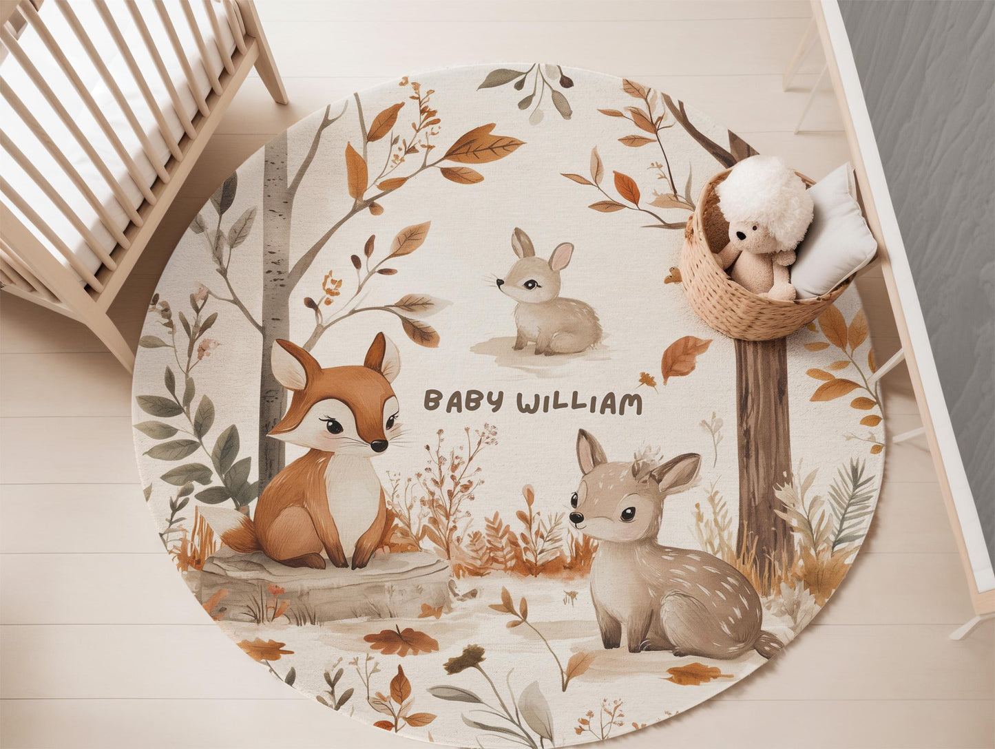 Personalized Woodland Nursery Rug, Custom Name Baby Room Decor, Baby Fox Deer Rabbit Rug, Neutral Baby Gift Carpet, Round Baby Play Mat