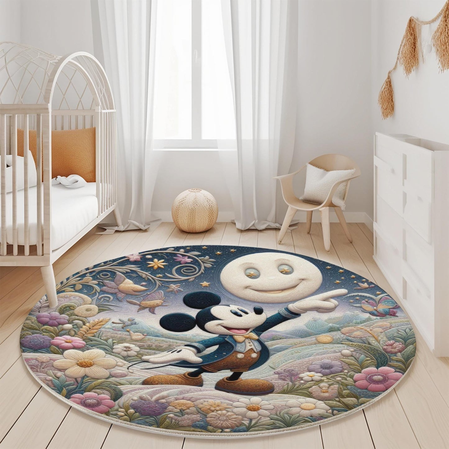 Mickey Mouse Nursery Rug, Disney Round Rug, Nighttime Scene Rug, Floral Design Mickey Rug, Soft Kids Play Mat, Baby Room Decor, Baby Shower