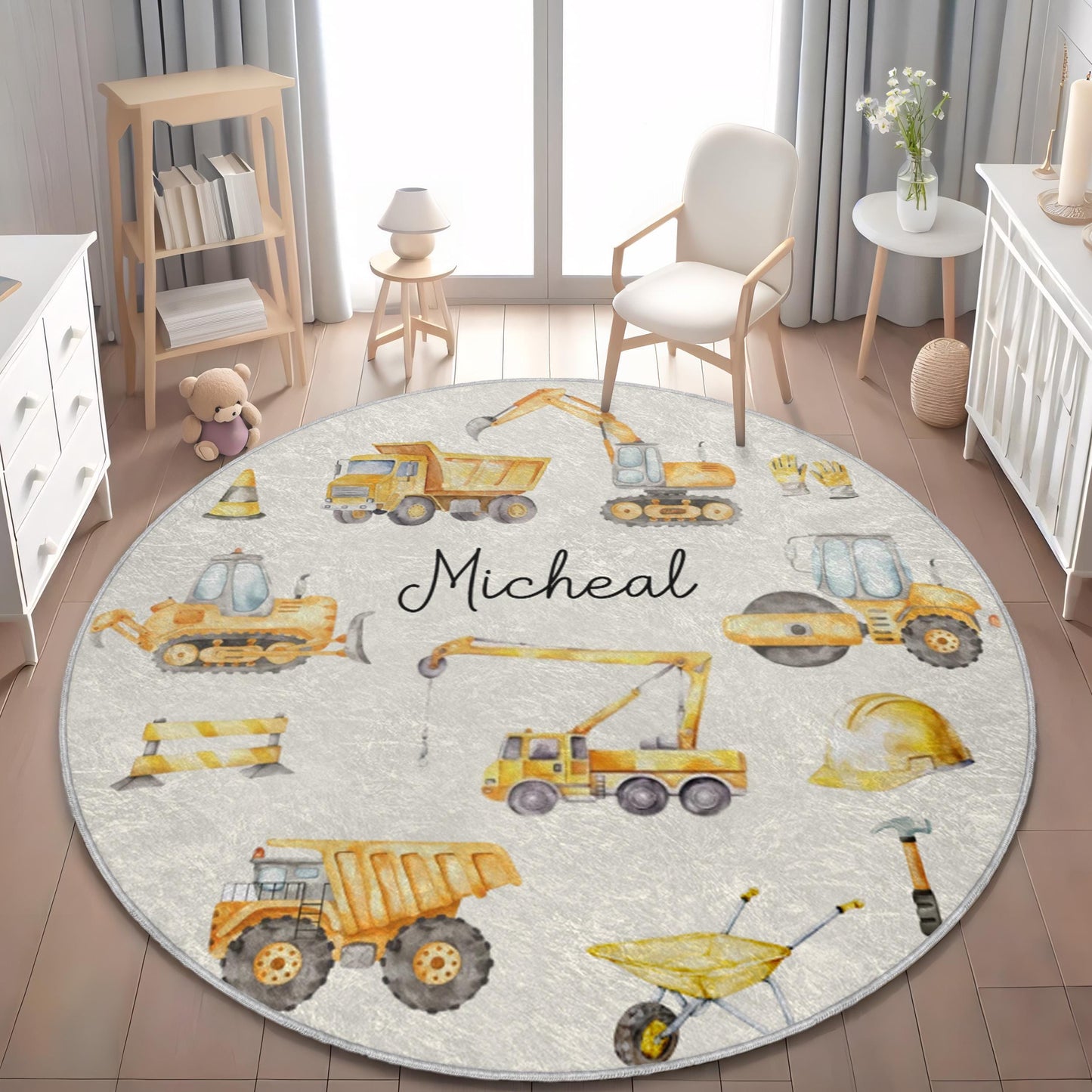 Personalized Construction Truck Rug, Excavator and Trucks Rug, Custom Playroom Rug, Kids Play Rug, Truck Themed Nursery Rug, Gift for Boys