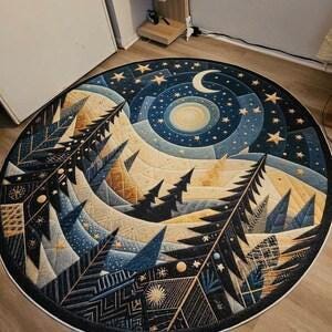 Night Sky Rug, Whimsical Landscape Area Rug with Moon and Stars, Black Celestial Rug, Home Decor, Starry Night Carpet, Living Room Rug