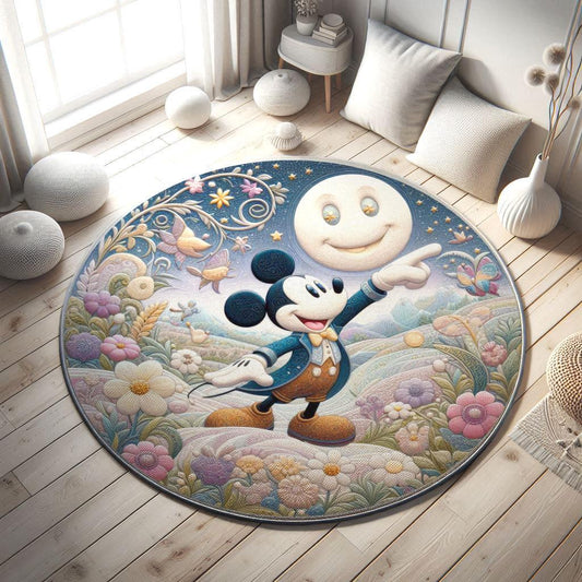 Mickey Mouse Nursery Rug, Disney Round Rug, Nighttime Scene Rug, Floral Design Mickey Rug, Soft Kids Play Mat, Baby Room Decor, Baby Shower