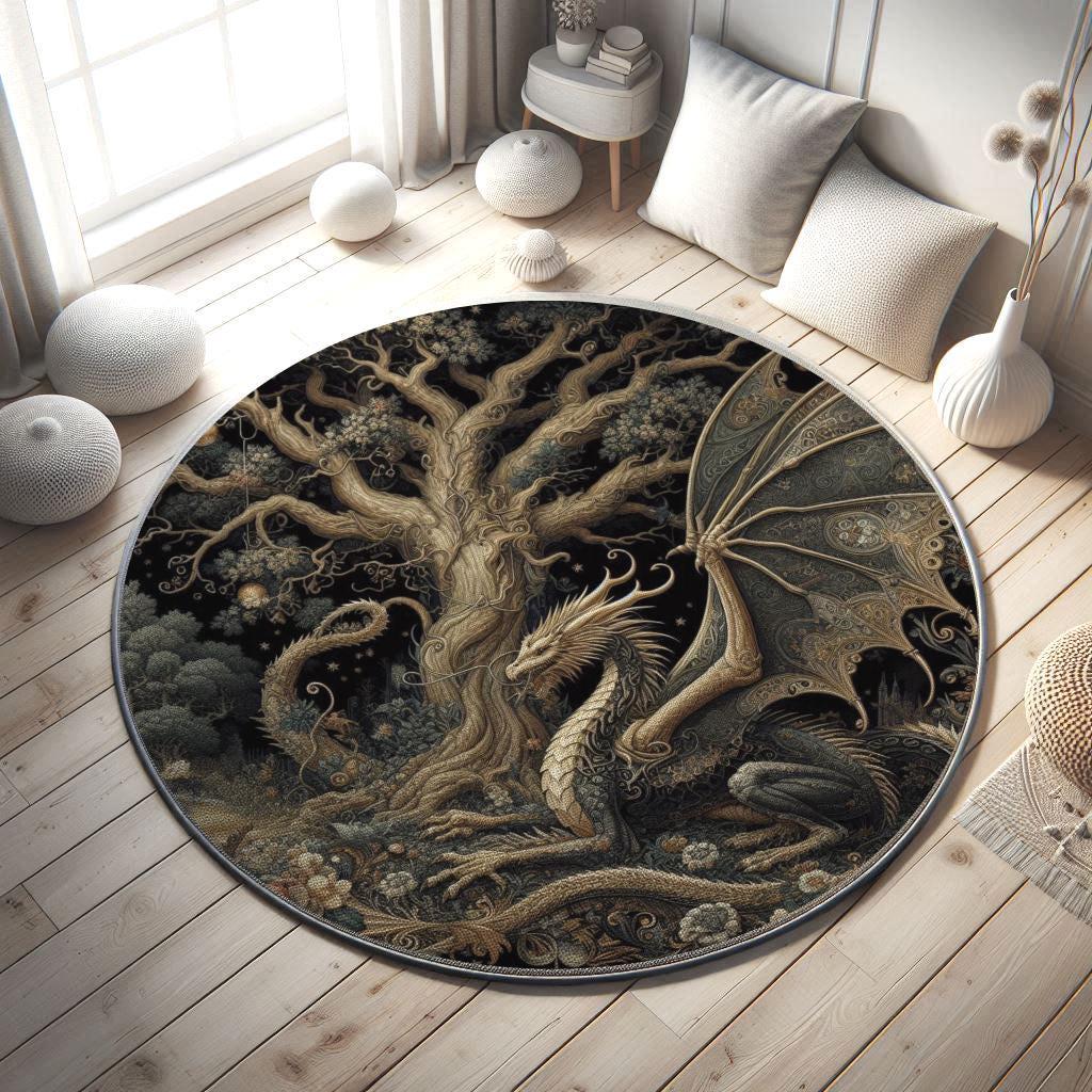 Dragon Rug, Fantasy Rug, Mythical Creature Rug, Area Rug,Tree of Life Rug,Dark Academia Rug,Gothic Book,Fairycore Bedroom Rug,Magical Dragon