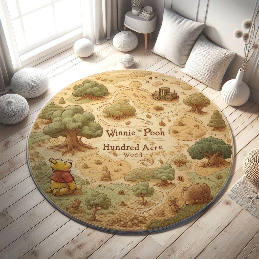 Hundred Acre Wood Nursery Rug, Winnie the Pooh Play Mat, Cartoon Bear Kids Rug, Soft Nursery Rug, Winnie the Pooh Themed Playroom Rug