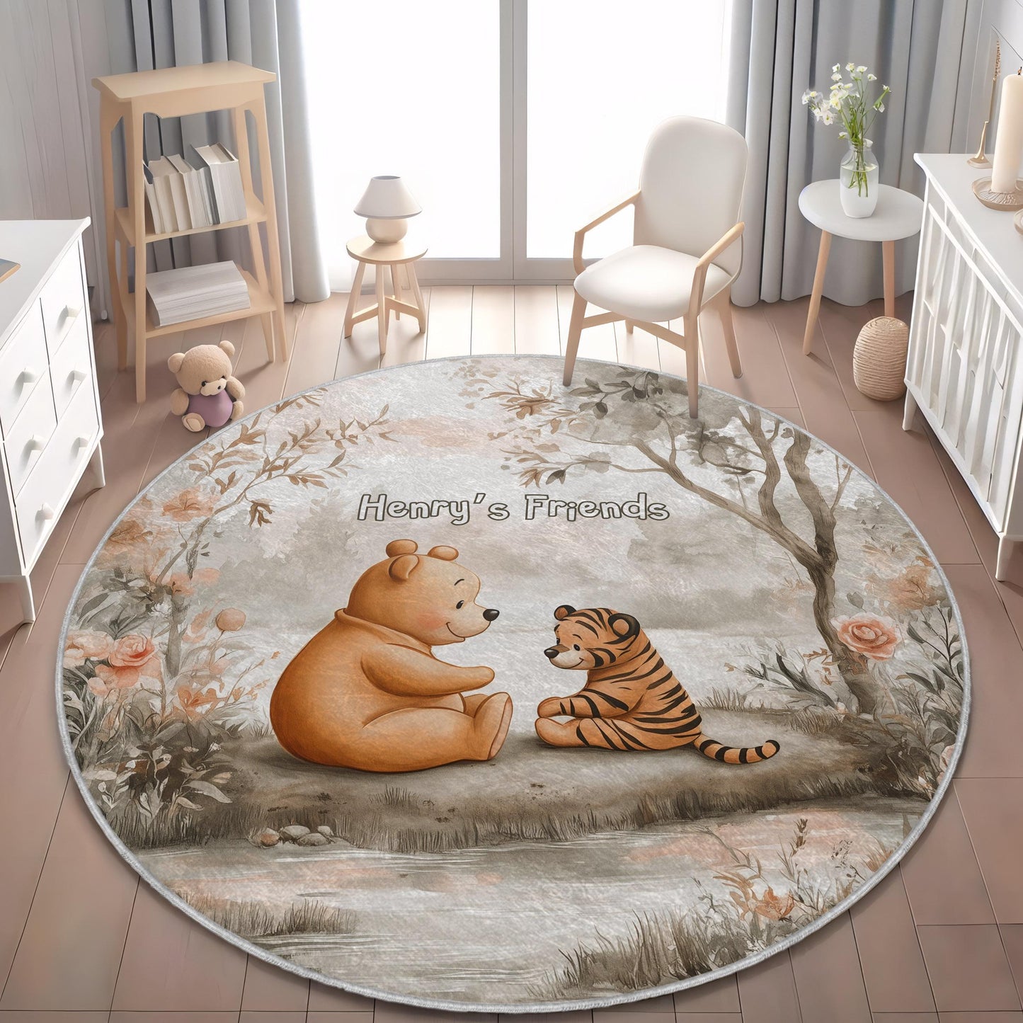 Personalized Pooh Bear & Tigger Kids Rug, Custom Name Nursery Carpet, Winnie the Pooh Playmat, Forest Animal Room Decor, Baby Gift Idea