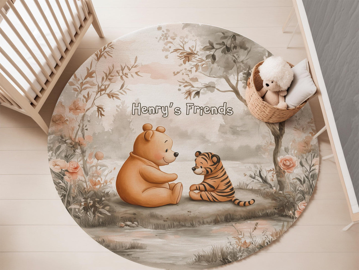 Personalized Pooh Bear & Tigger Kids Rug, Custom Name Nursery Carpet, Winnie the Pooh Playmat, Forest Animal Room Decor, Baby Gift Idea