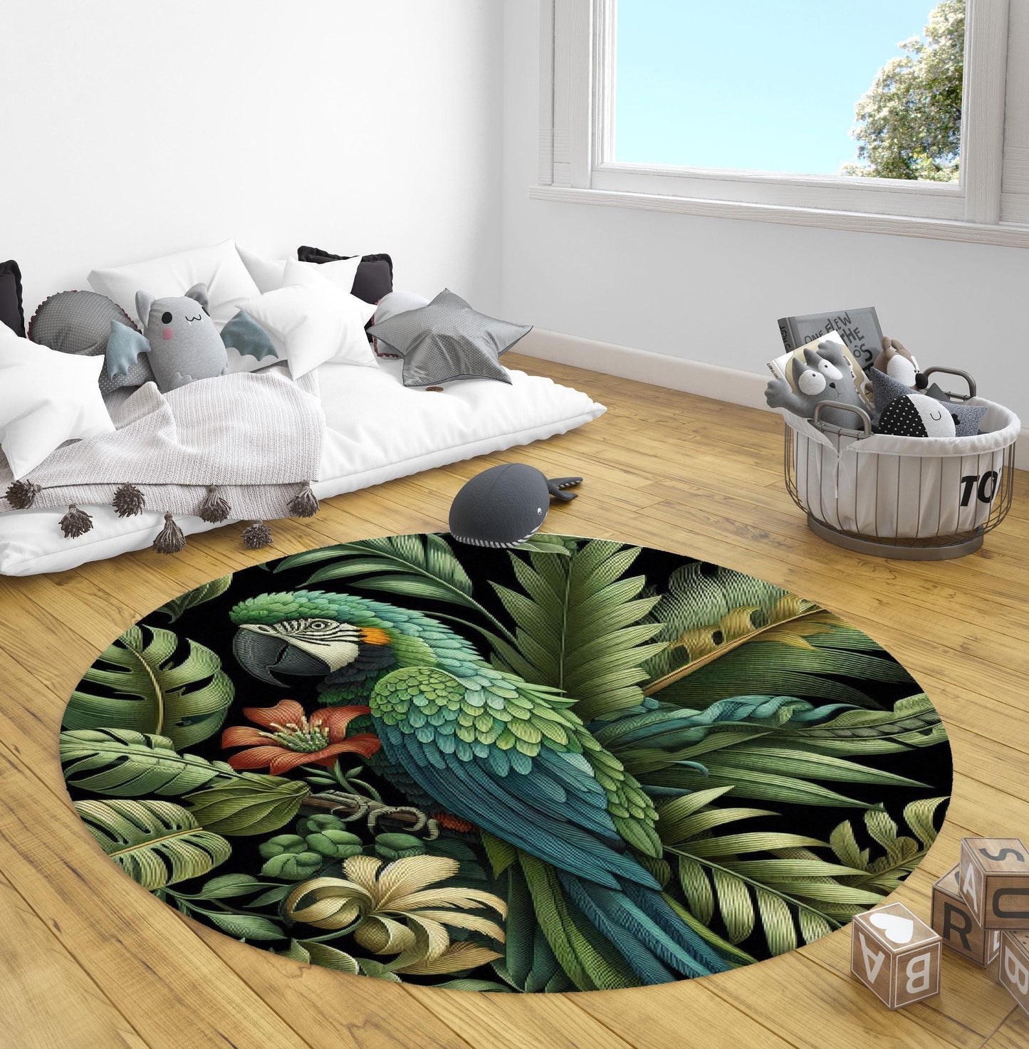 Exotic Floral Green Leaves Rug, Parrot Rug, Tropical Botanical Rug, William Morris Style Carpet,  Green Area Rug, Exotic Parrot Rug