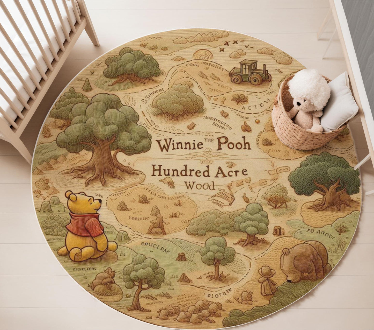 Hundred Acre Wood Nursery Rug, Winnie the Pooh Play Mat, Cartoon Bear Kids Rug, Soft Nursery Rug, Winnie the Pooh Themed Playroom Rug