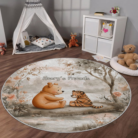 Personalized Pooh Bear & Tigger Kids Rug, Custom Name Nursery Carpet, Winnie the Pooh Playmat, Forest Animal Room Decor, Baby Gift Idea