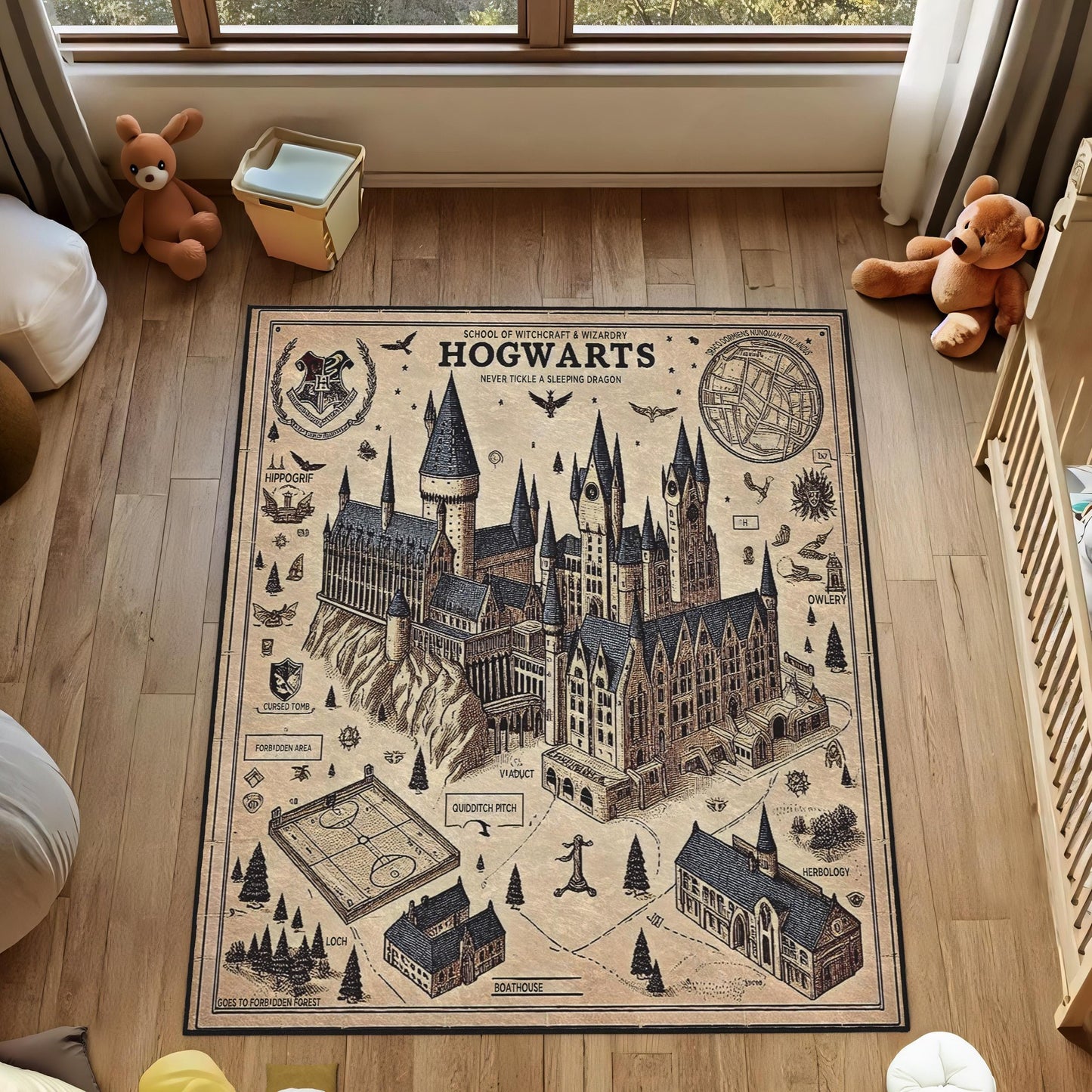 School for Wizarding Rug, Witchcraft Rug, Wizardry Rug, Fantasy Map of Wizarding School Rug, Potter Fans Rug, Kids Room Decor, Youth Rug