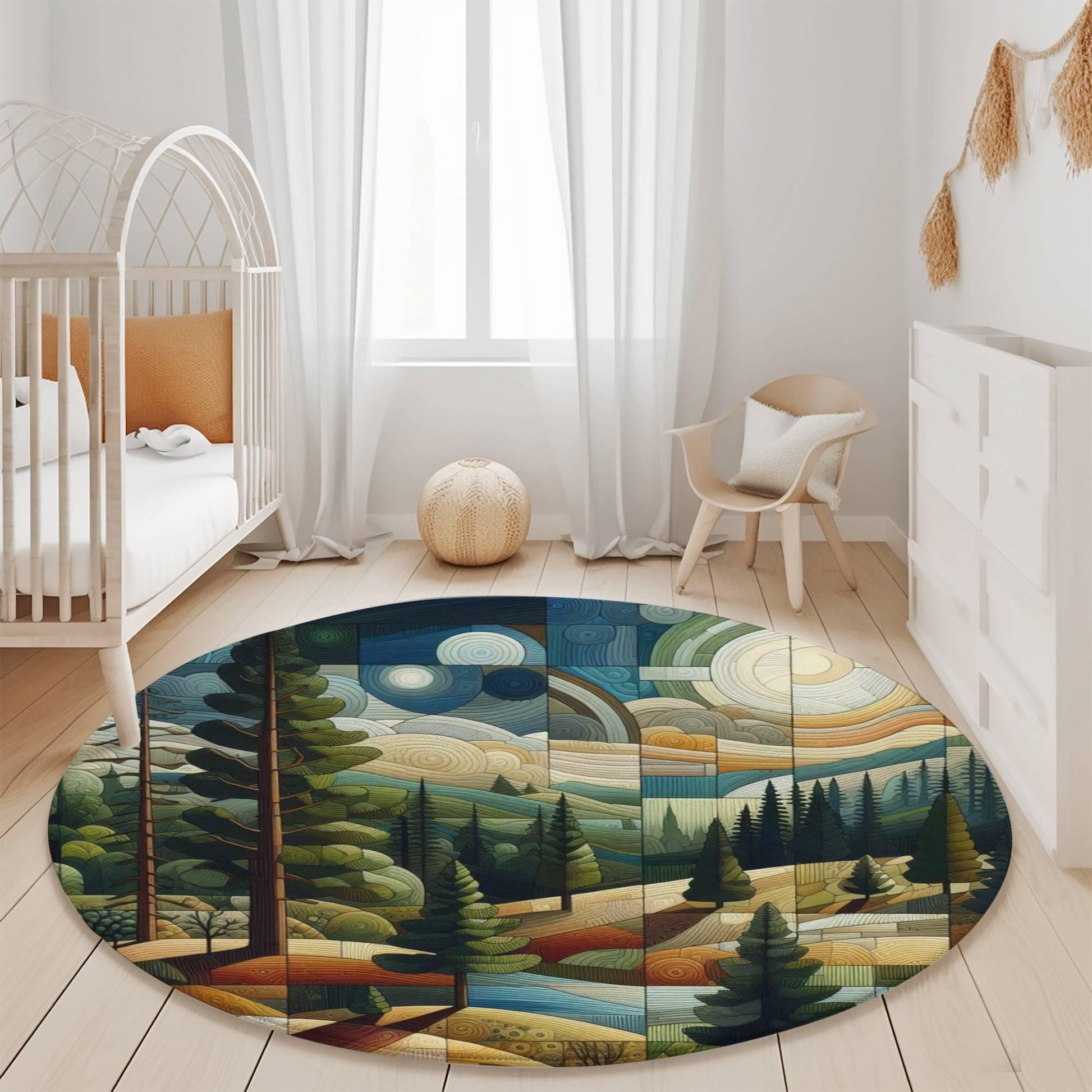 a baby&#39;s room with a round rug with a painting of a forest scene