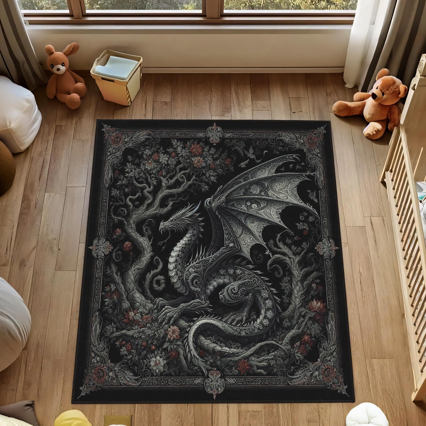 Gothic Rug, Dragon Rug, Fantasy Carpet, Dark Academia Decor, Mythical Creature Rug, Black Rug, Living Room Rug, Bedroom Rug, Dragon Carpet