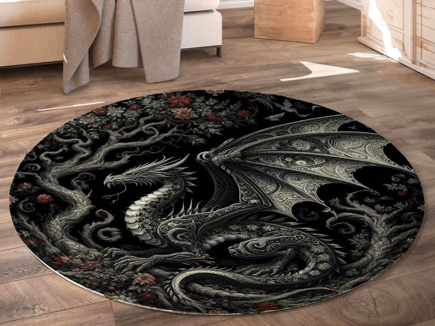 Gothic Rug, Dragon Rug, Fantasy Carpet, Dark Academia Decor, Mythical Creature Rug, Black Rug, Living Room Rug, Bedroom Rug, Dragon Carpet