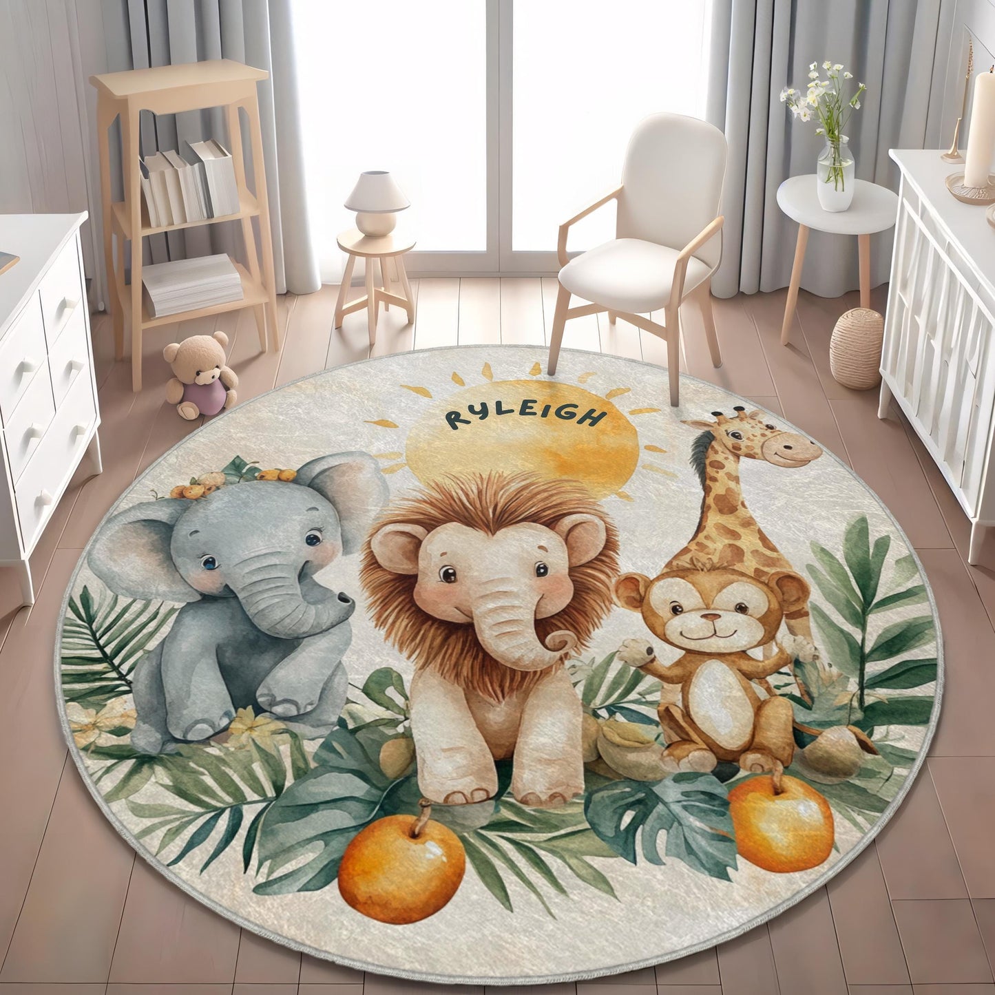 Personalized Baby Room Rug, Custom Name Baby Playmat, Safari Animals Nursery Rug, Elephant Lion Giraffe Rug, Baby Shower Gift,Playroom Decor