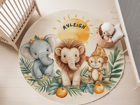 Personalized Baby Room Rug, Custom Name Baby Playmat, Safari Animals Nursery Rug, Elephant Lion Giraffe Rug, Baby Shower Gift,Playroom Decor