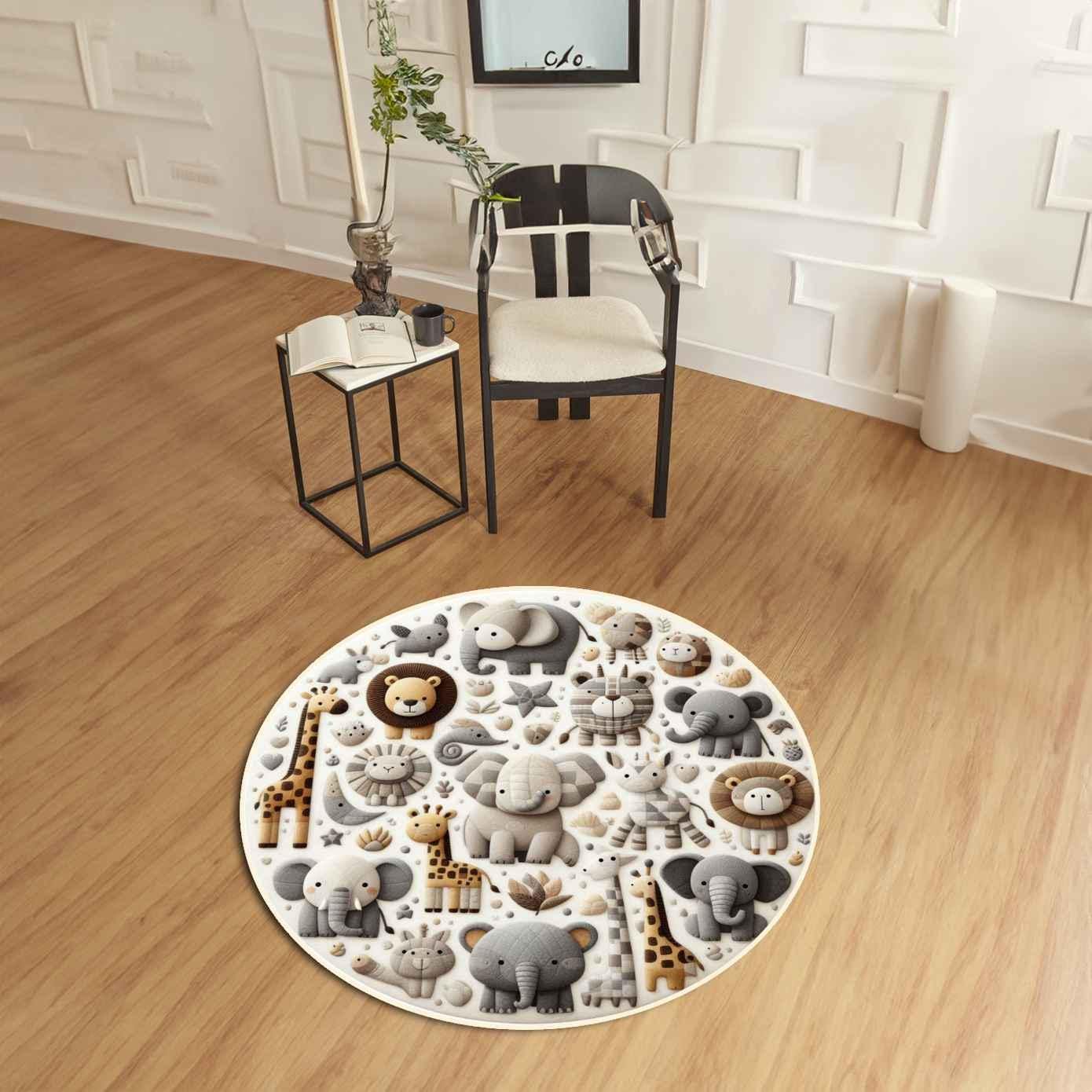 Safari Animals Nursery Rug, Round Rug, Baby Room Decor, Cute Animal Rug, Playful Lions Rug, Elephants & Giraffes Rug,Kids Room Rug Floor Mat