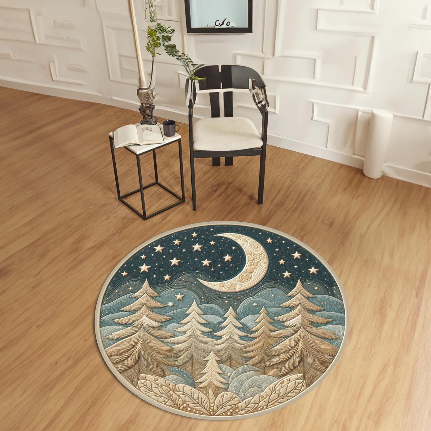 Moon Stars Rug, Adorable Nursery Rug with Pine Trees Stars, Kids’ Room Rug, Nature-Inspired Cozy Decor, Cozy Nursery Rug, Home Decor