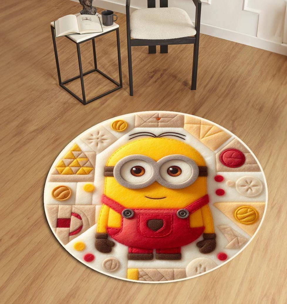 Cartoon Character Round Nursery Rug - Playful Minion Nursery Rug - Kids Playroom Mat - Cute Cartoon Rug - Baby Rug - Minions Rug - Funny Rug