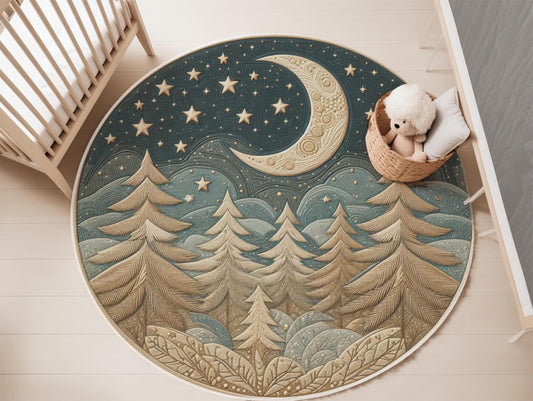 Moon Stars Rug, Adorable Nursery Rug with Pine Trees Stars, Kids’ Room Rug, Nature-Inspired Cozy Decor, Cozy Nursery Rug, Home Decor