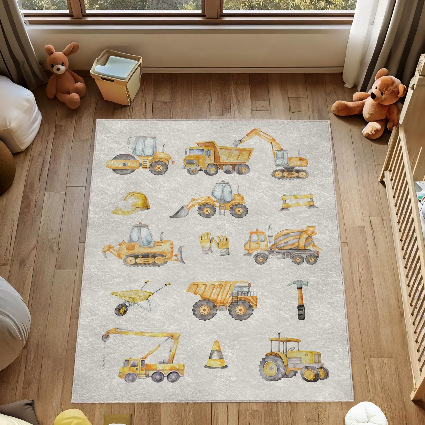 Construction Site Rug for Kids Room, Excavator Rug with Trucks, Playroom Decor Rug, Kids Construction Play Rug, Truck Themed Nursery Rug