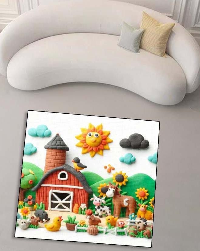 Farm Life Nursery Rug with Playful Dough Style Design - Kids Farm Animals Baby Mat - Playroom or Bedroom Decor - Cow Goat and Pig Rug