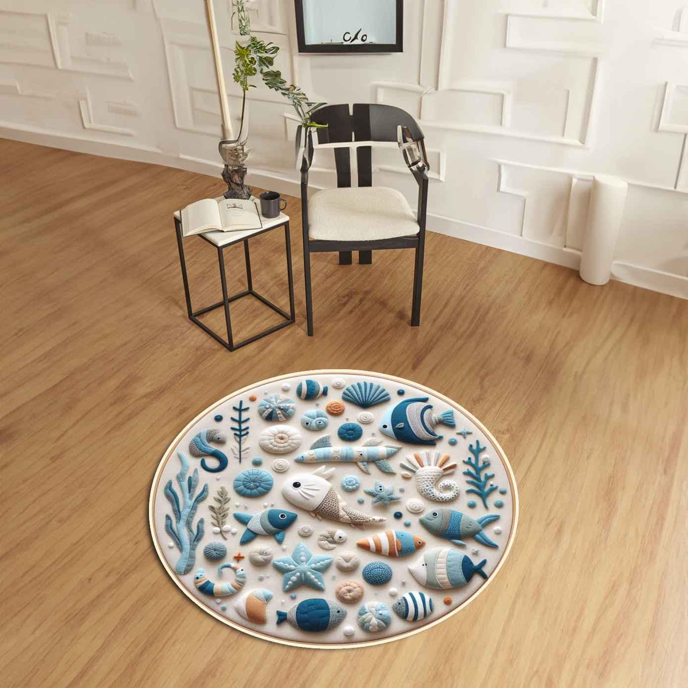 Nautical Rug for Kids Room, Sea Animals Nursery Rug, Ocean Play Rug, Marine Area Rug, Baby Room Decor, Underwater Blue Rug for Kids Playroom