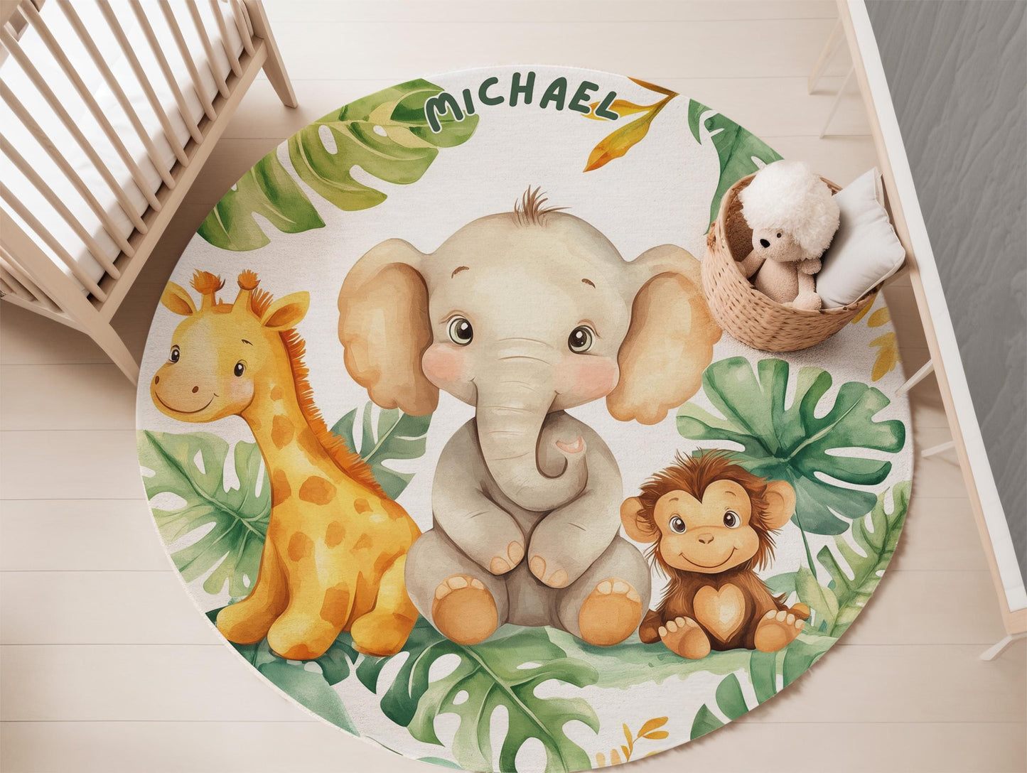 Personalized Kids Safari Round Rug, Custom Name Jungle Play Mat, Cute Animals Carpet for Kids, Nursery Room Decor, Baby Shower Gift Rug