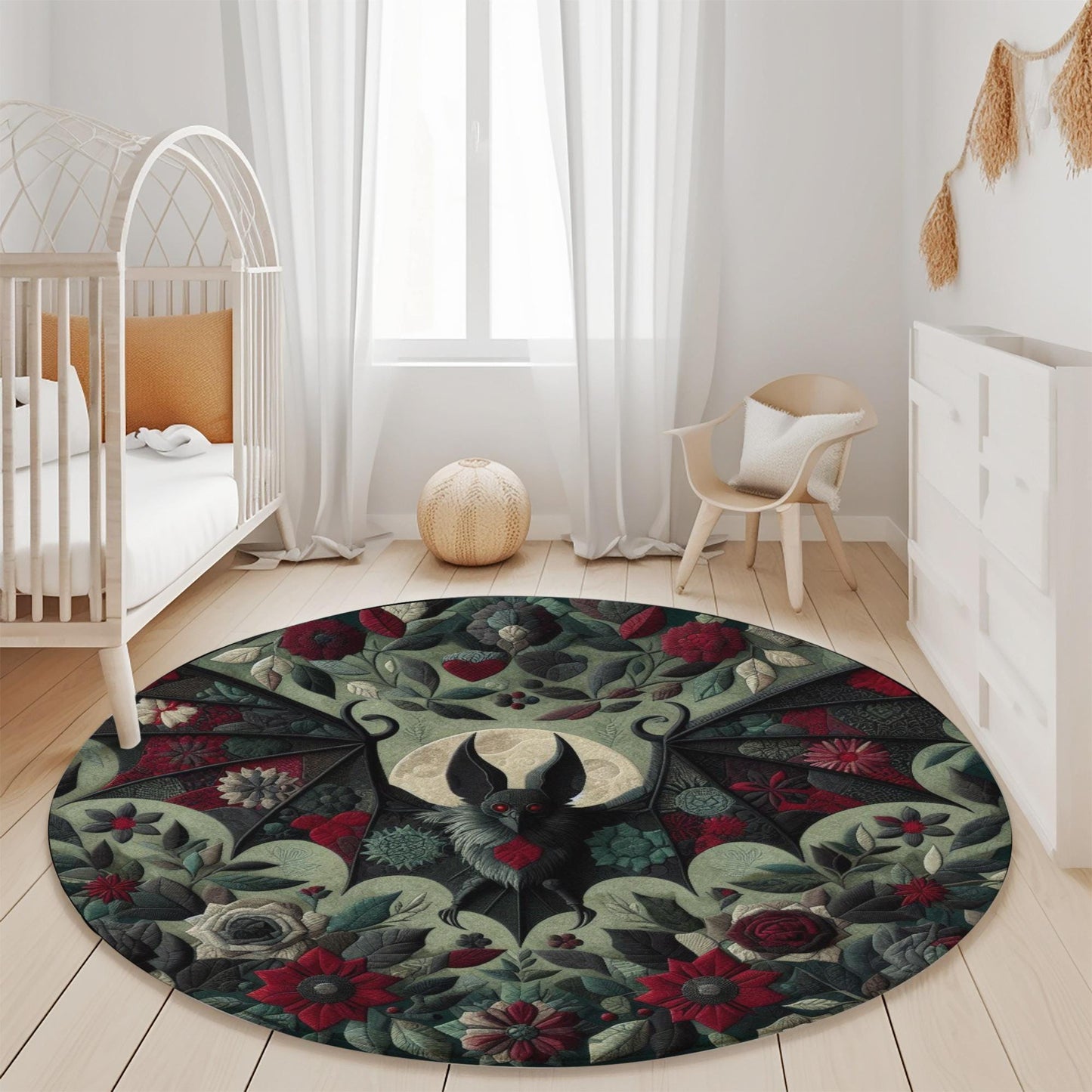 Gothic Bat Rug with Red and Green Floral Botanical Design, Gothic Rug for Home Decor, Gothic Themed Carpet, Living Room Rug, Round Goth Rug